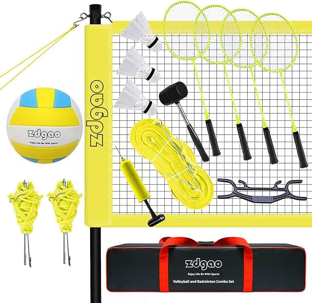 Zdgao Badminton & Volleyball Combo Set - Professional Volleyball Net for Lawn, Backyard, Easy Set up Volleyball Set with Carry Bag, Boundary Line for Family Fun