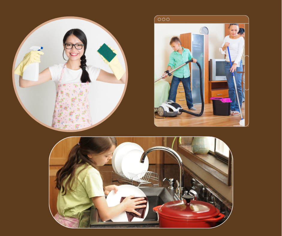 Image showing family members doing chores around the house to give mom some relief