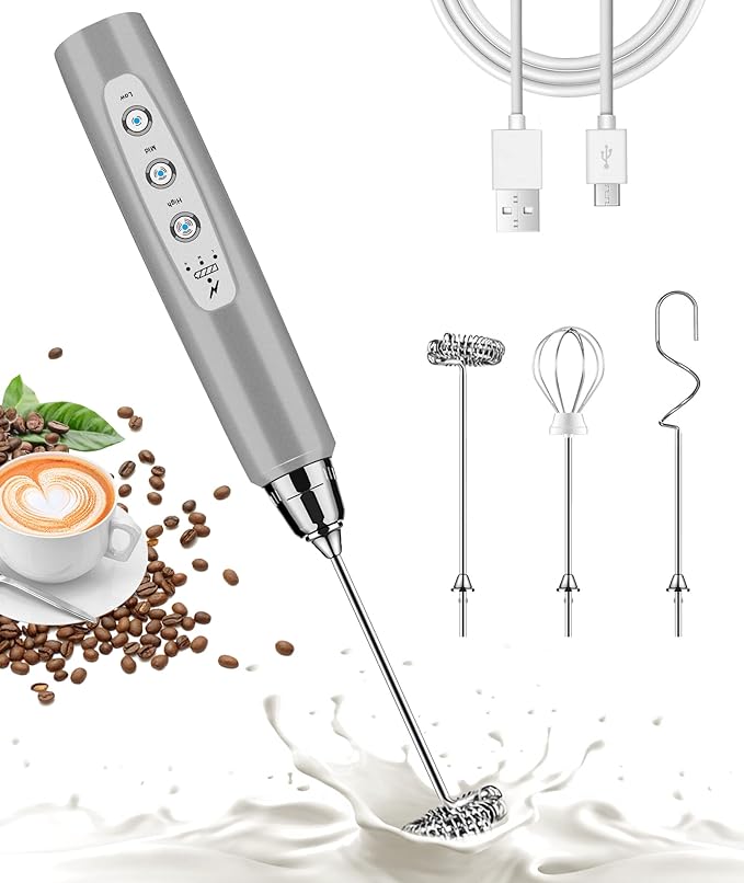 Handheld Milk Frother for Coffee, Rechargeable Electric Whisk with 3 Heads 3 Speeds Drink Mixer Foam Maker For Latte, 