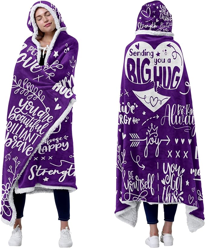 Sending Big Hugs Purple Sherpa Fleece Wearable Blanket Hoodie.