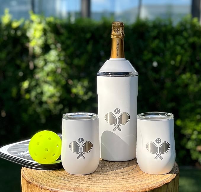 Vinglacé Wine Bottle Chiller Limited Edition Pickleball Gift Set- Portable Stainless Steel Wine Cooler with 2 Stemless Wine Glasses