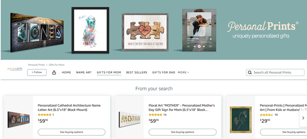 Personal Prints merchandise. Clicking on the Image takes user to the Personal Prints store on Amazon.