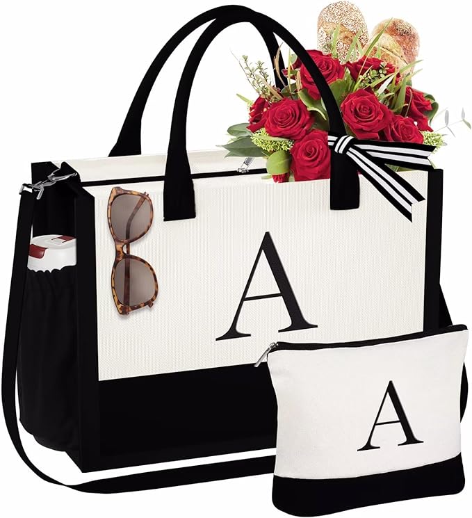 Gifts for Women - Initial Canvas Tote Bag & Makeup Bag Personalized Mother's Day.