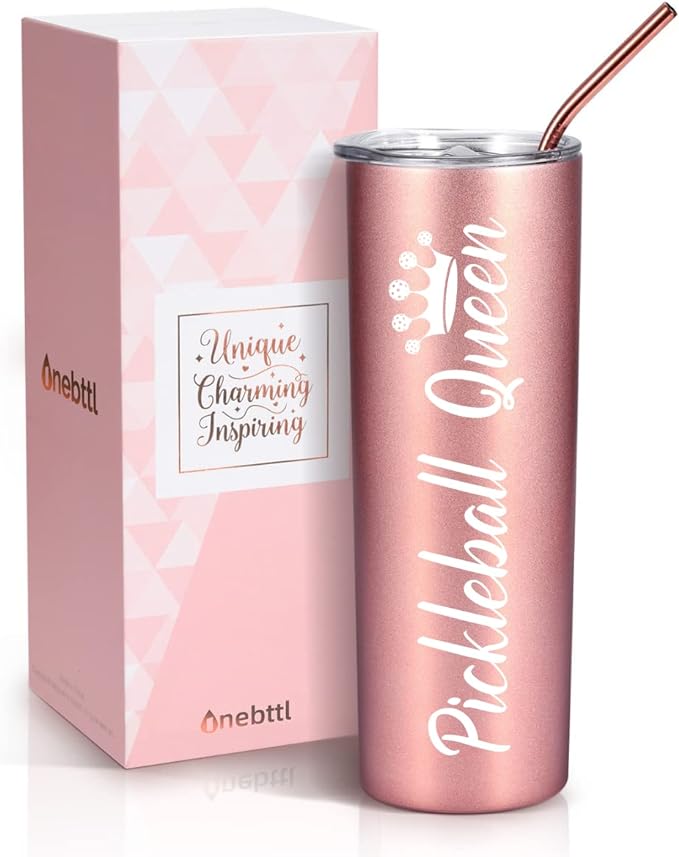 Onebttl Pickleball Gifts for Women, Gifts for Pickleball Lovers, Pickleball Accessories, PICKLEBALL QUEEN, 20 oz Stainless Steel Skinny Tumbler with Lid, Rose Gold